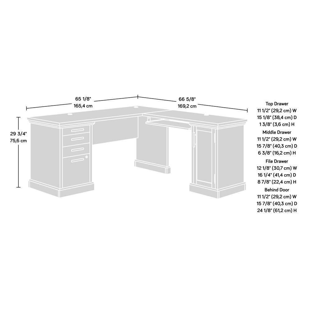 SAUDER Aspen Post 65.118 in. L-Shaped Pebble Pine 3-Drawer Computer Desk with Keyboard Shelf and Cord Management 433686