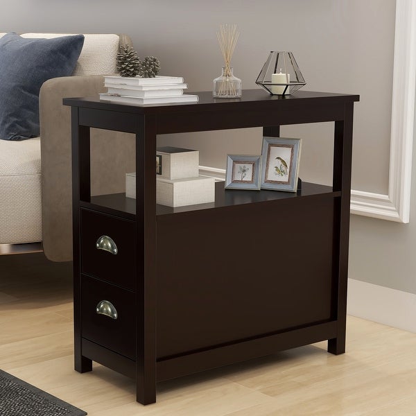 Narrow Nightstand End Table with 2 Drawers， Metal Semicircular Handles and Open Shelf， 23.62