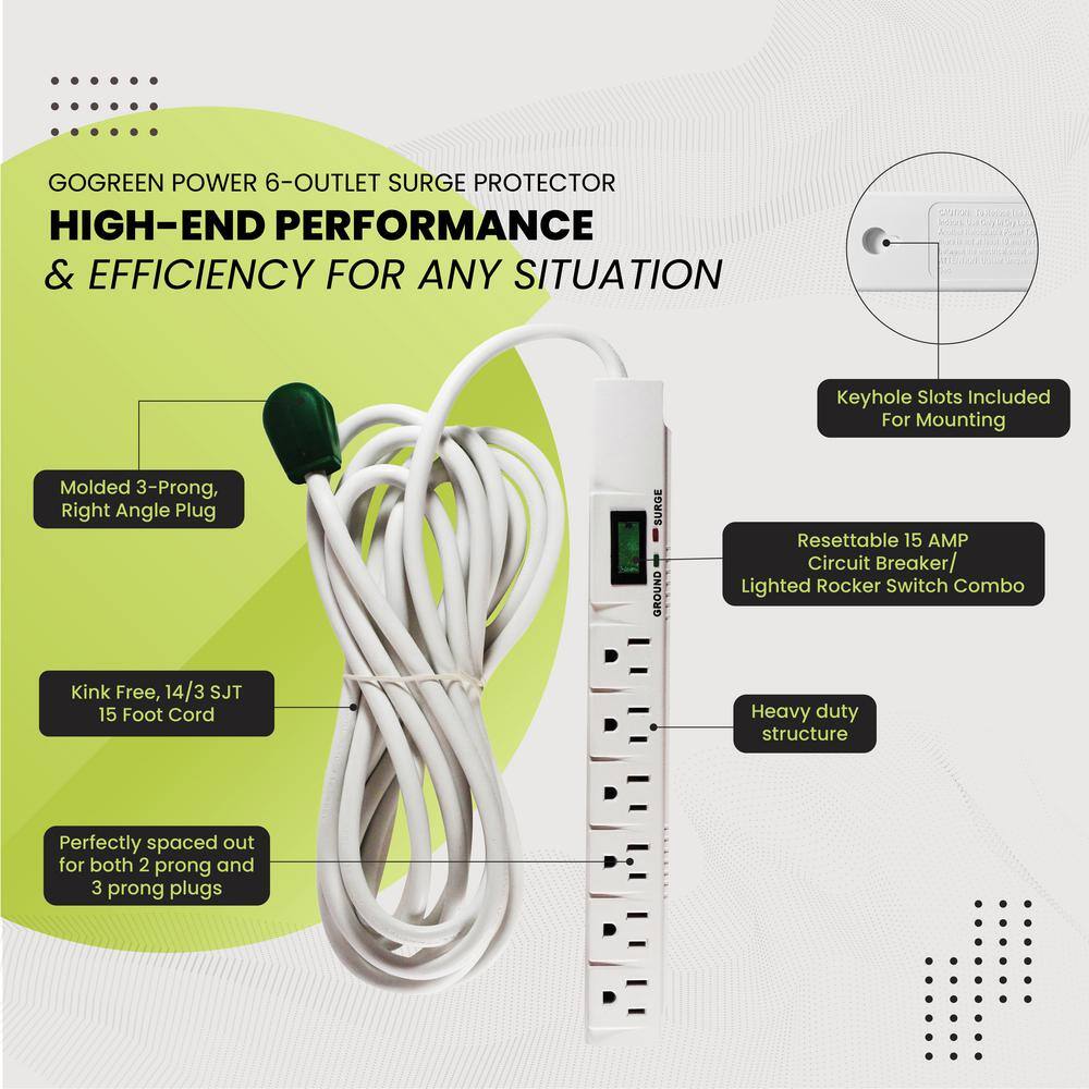 GoGreen Power 6 Outlet Surge Protector w 15 ft. Heavy Duty Cord GG-16315-15