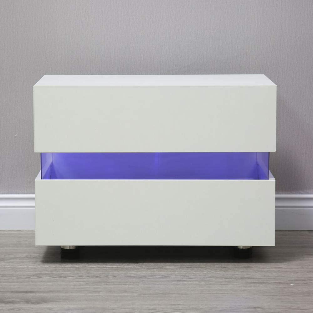 Anqidi White/Black High Gloss Nightstand, Modern Multi-color LED Light Bedside End Table Minimalist Storage Cabinet with 2 Drawers