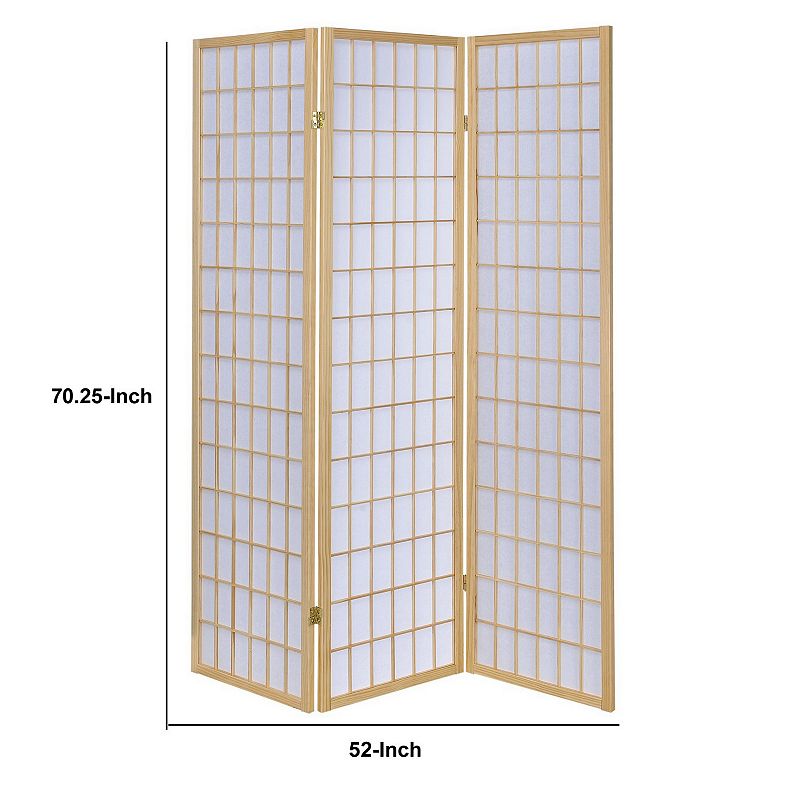 3 Panel Foldable Wooden Frame Room Divider with Grid Design， Brown