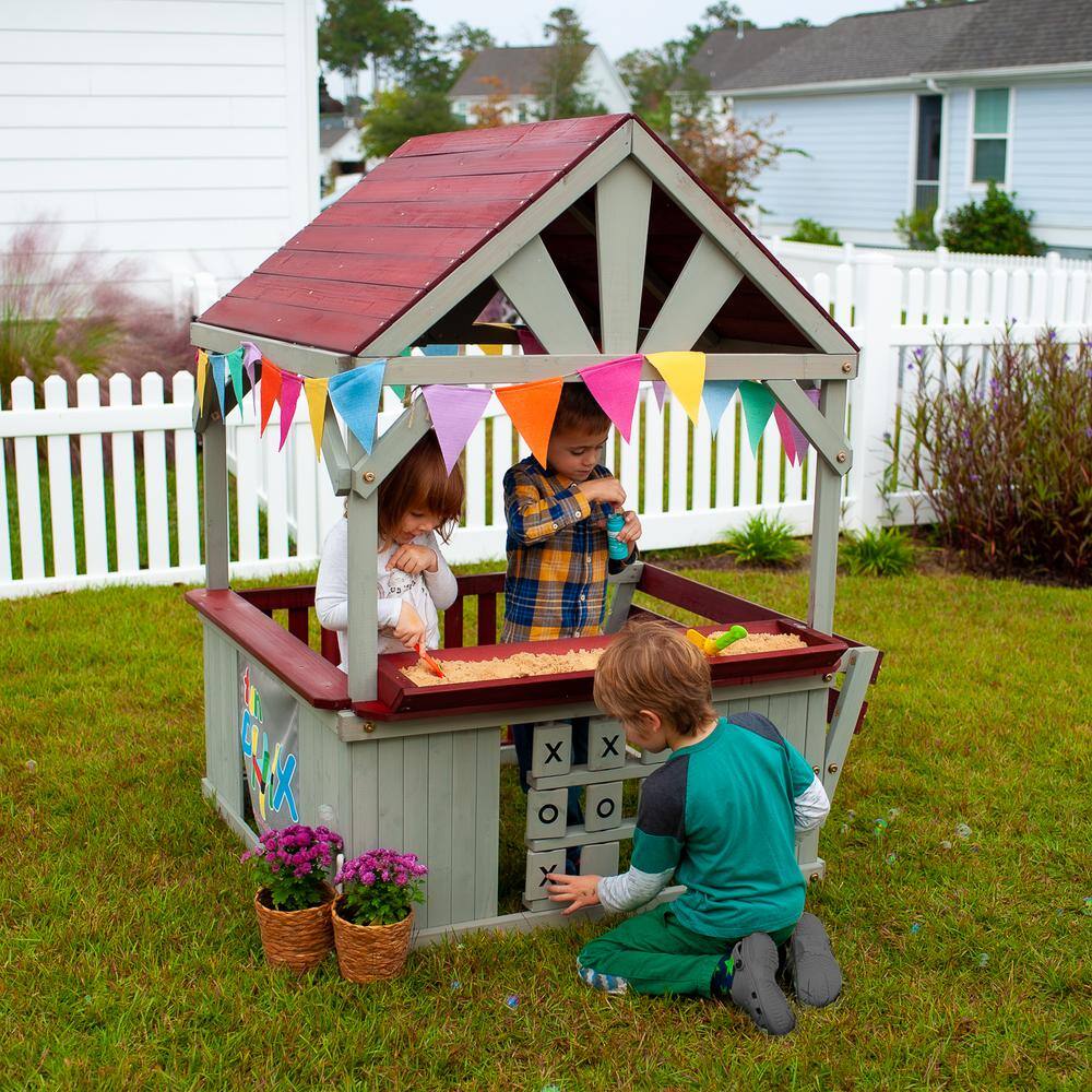 Funphix Hangout Hut Kids Outdoor Wooden Playhouse with Sandbox and Tic Tac Toe WPHX-2201