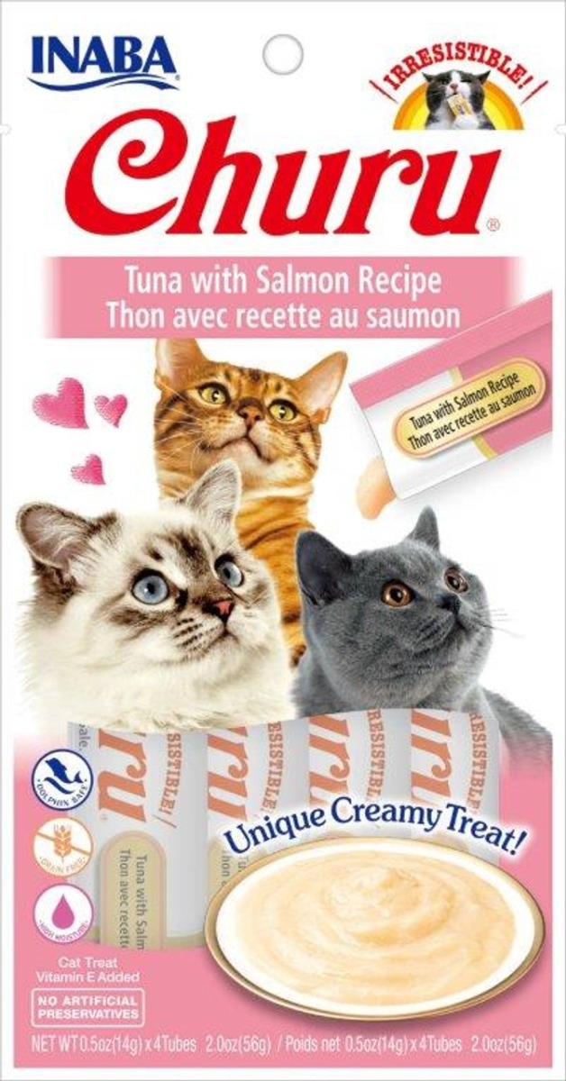 Inaba Churu Grain Free Tuna W/ Salmon Puree Lickable Cat Treat 0.5oz 4 Pack