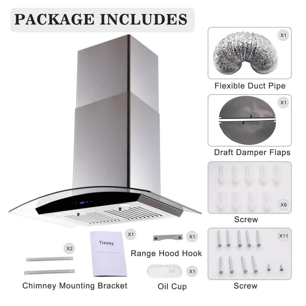 Edendirect 30 in Silver Wall Mounted Ducted Range Hood 700CFM Tempered Glass Touch Panel Control Vented LEDs with light