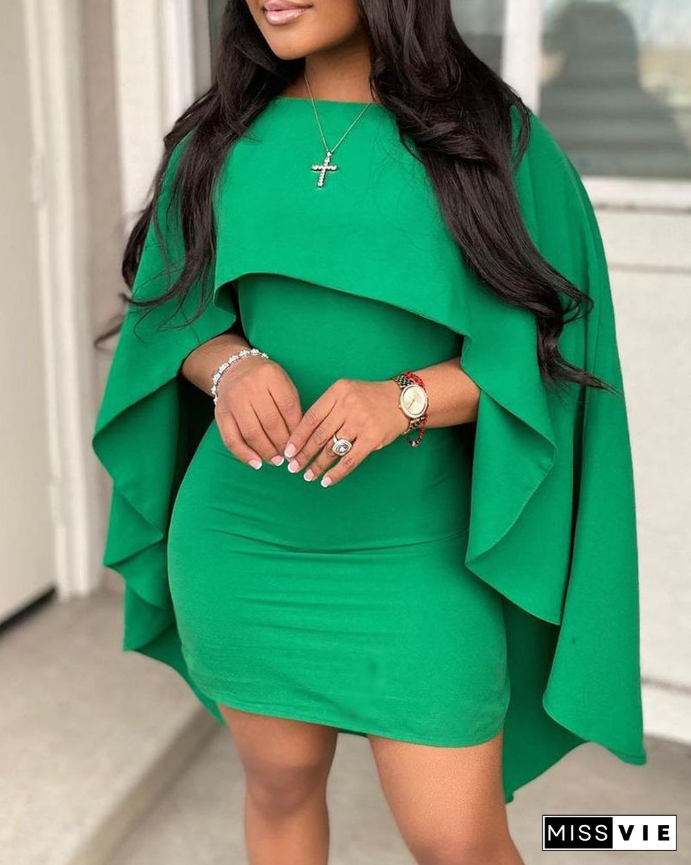 Plain Cape Sleeve Bodycon Dress