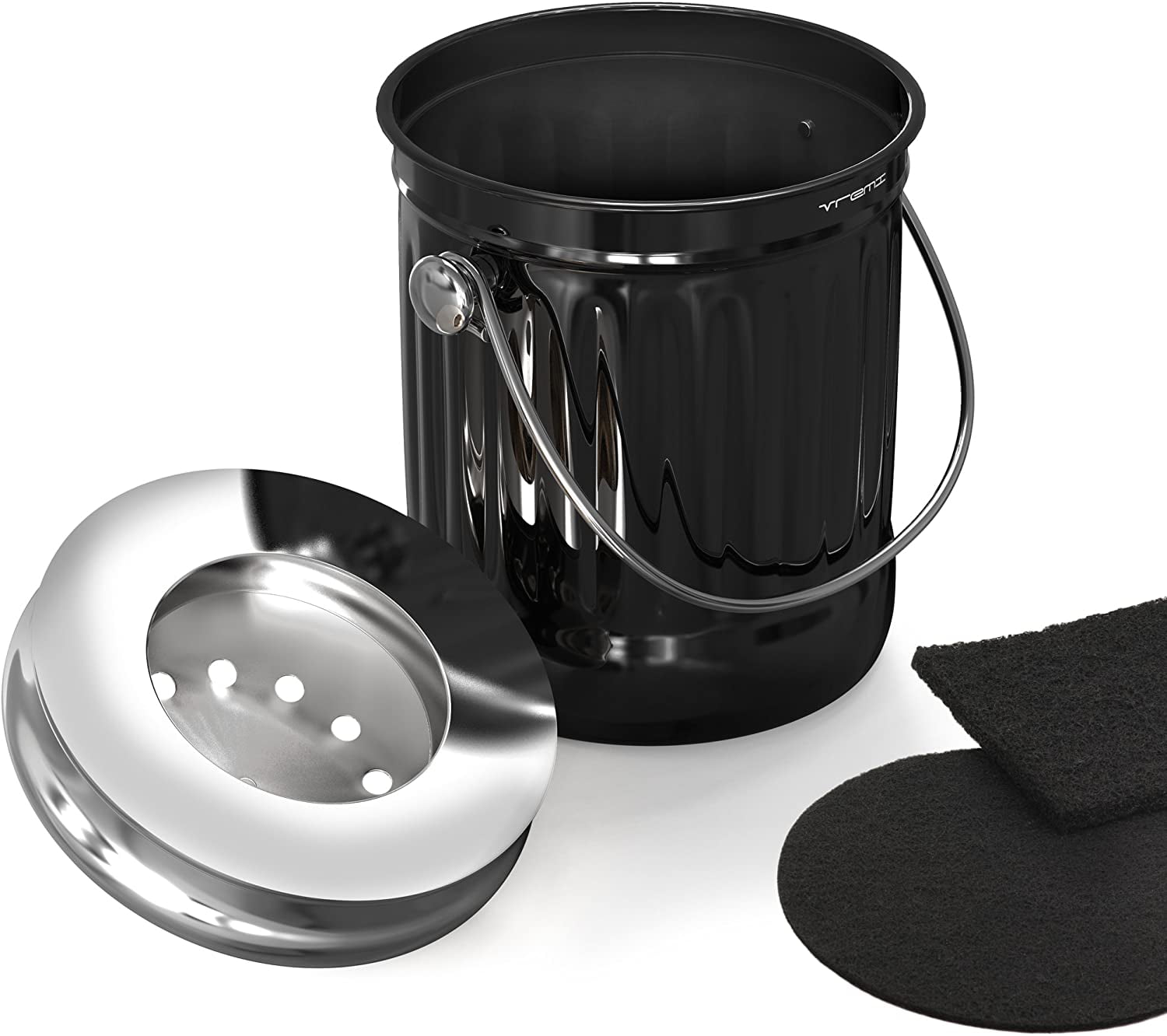 Vremi Kitchen Compost Bin for Counter or Under Sink - 1.2 Gallon Small Metal Indoor Home Apartment Eco Compost Pail for Biodegradable Organic Food Waste with Charcoal Filter - Stainless Steel - Black