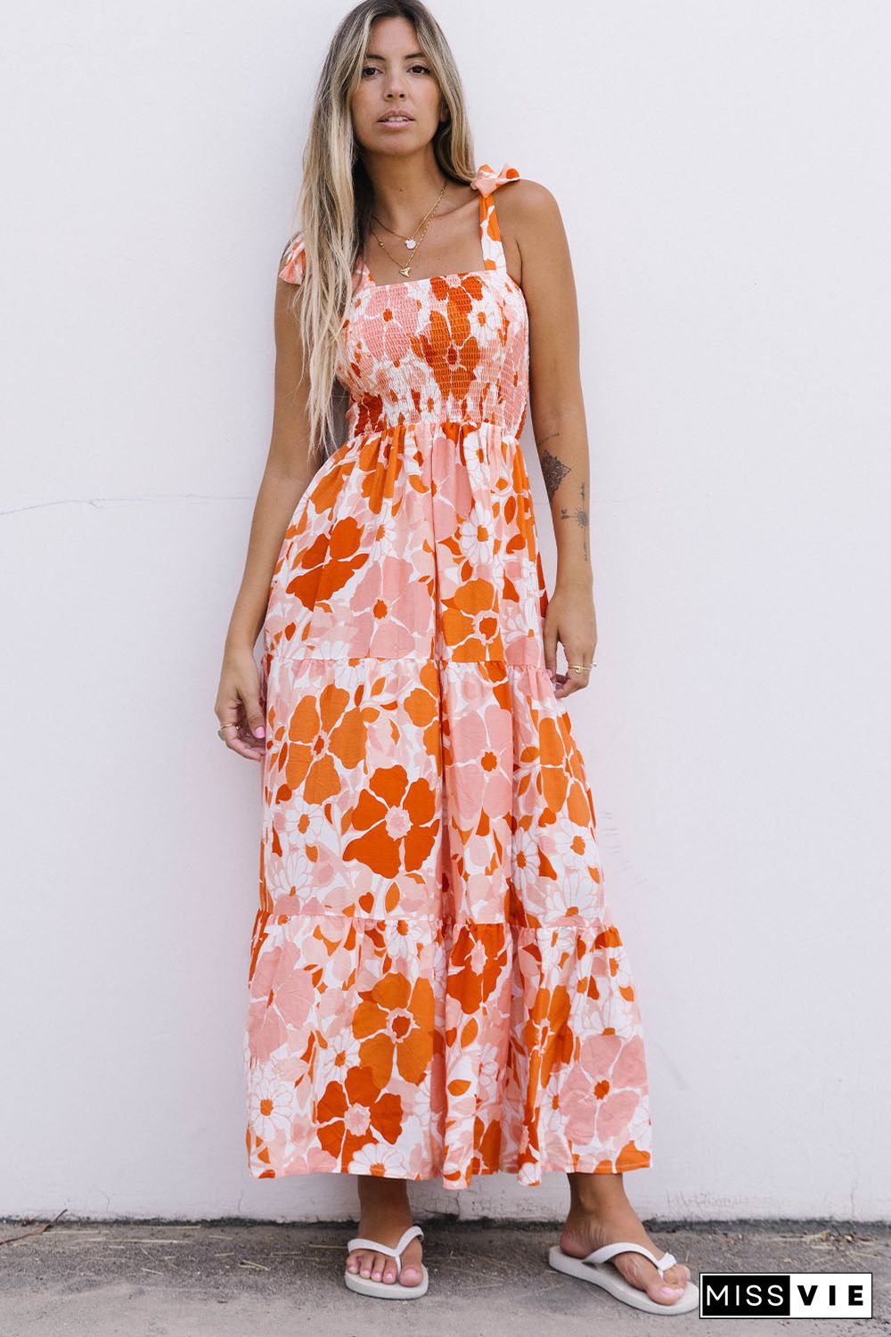 Orange Shirred Lace-up Strap Sleeveless Floral Maxi Dress