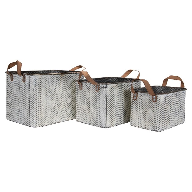 Set Of 3 Rustic Whitewashed Pattern Galvanized Metal Decorative Storage Bins With Faux Leather Handles Foreside Home And Garden