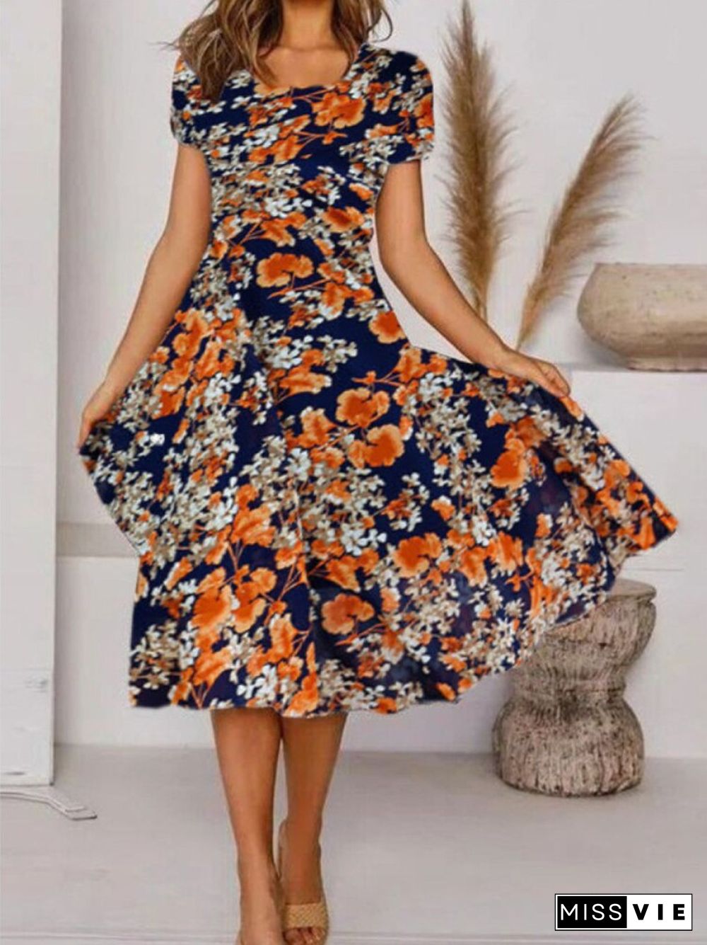 New Summer Casual Print Dress Women's Fashion Short Sleeve Mid-length Skirt Bohemian Beach Holiday Skirt Dresses For Women