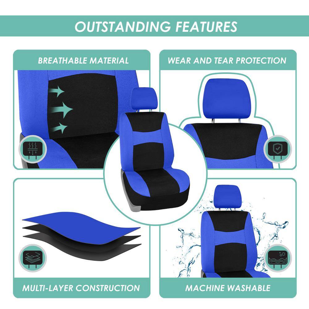 FH Group Light and Breezy Fabric 21 in. x 21 in. x 2 in. Full Set Seat Covers with Steering Wheel Cover and 4-Seat Belt Pads DMFB030BLU115CM