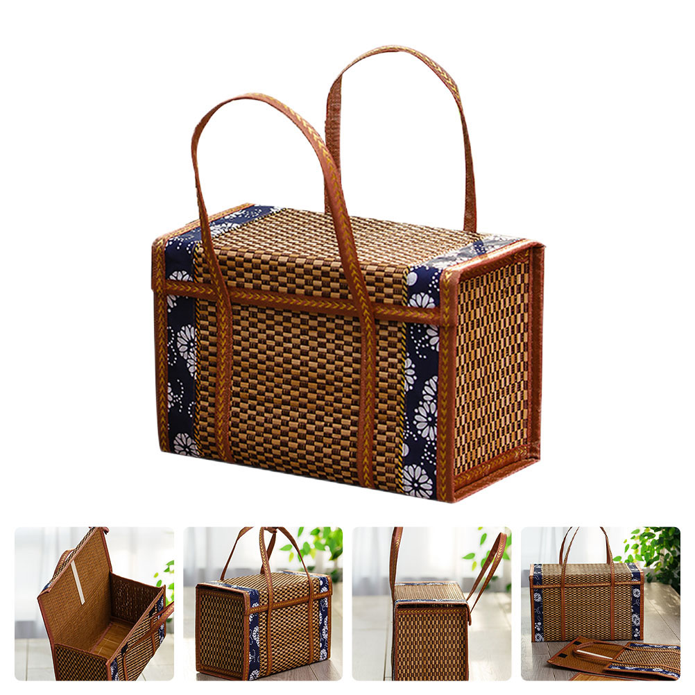 Homemaxs Basket Picnic Wovenwickerstorage Baskets Folding Fruit Market Rattan Basket Foldable Empty Camping Bag Handles Shopping