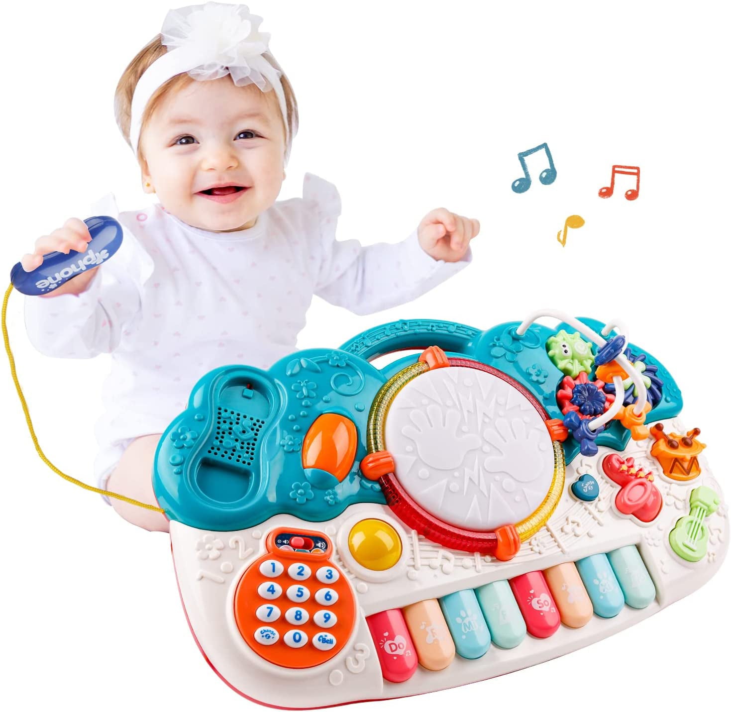 Musical Toys for Toddlers 1-3 ， 6 in 1 Multifunction Baby Musical Toys Piano Drum Set Bead Maze Gear Kids Phone Toys Electronic Learning Toys for Baby Infant Toddler Birthday Gifts for Kids