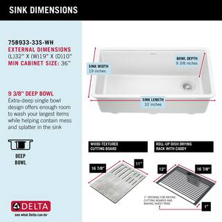 Delta Everest White Granite Composite 32 in. Single Bowl Undermount Kitchen Sink with Accessories 75B933-33S-WH