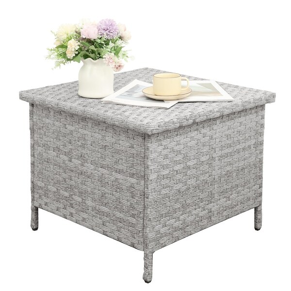 Outdoor PE Wicker Side Table with Storage Patio End Table Resin Rattan Storage Table for Garden Backyard Porch Poolside