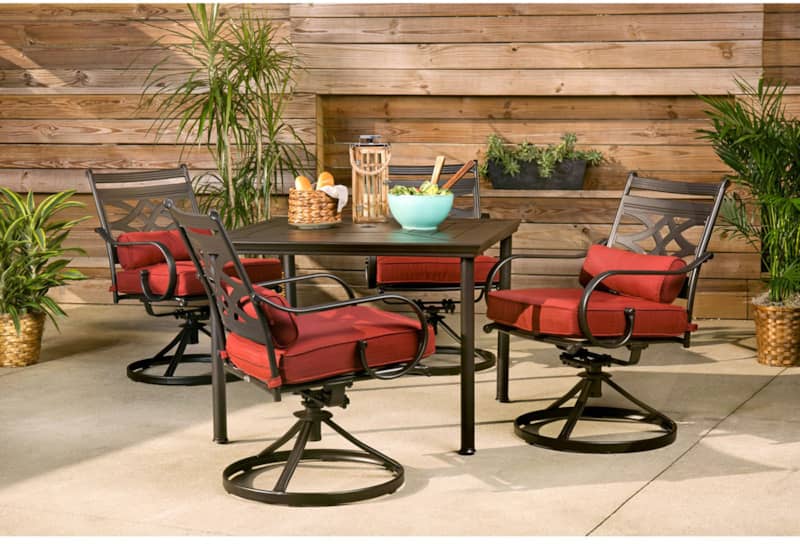 Hanover Montclair 5-Piece Outdoor Dining Set In Chili Red/Brown With 4 Swivel Rockers， 40 Square Dining Table