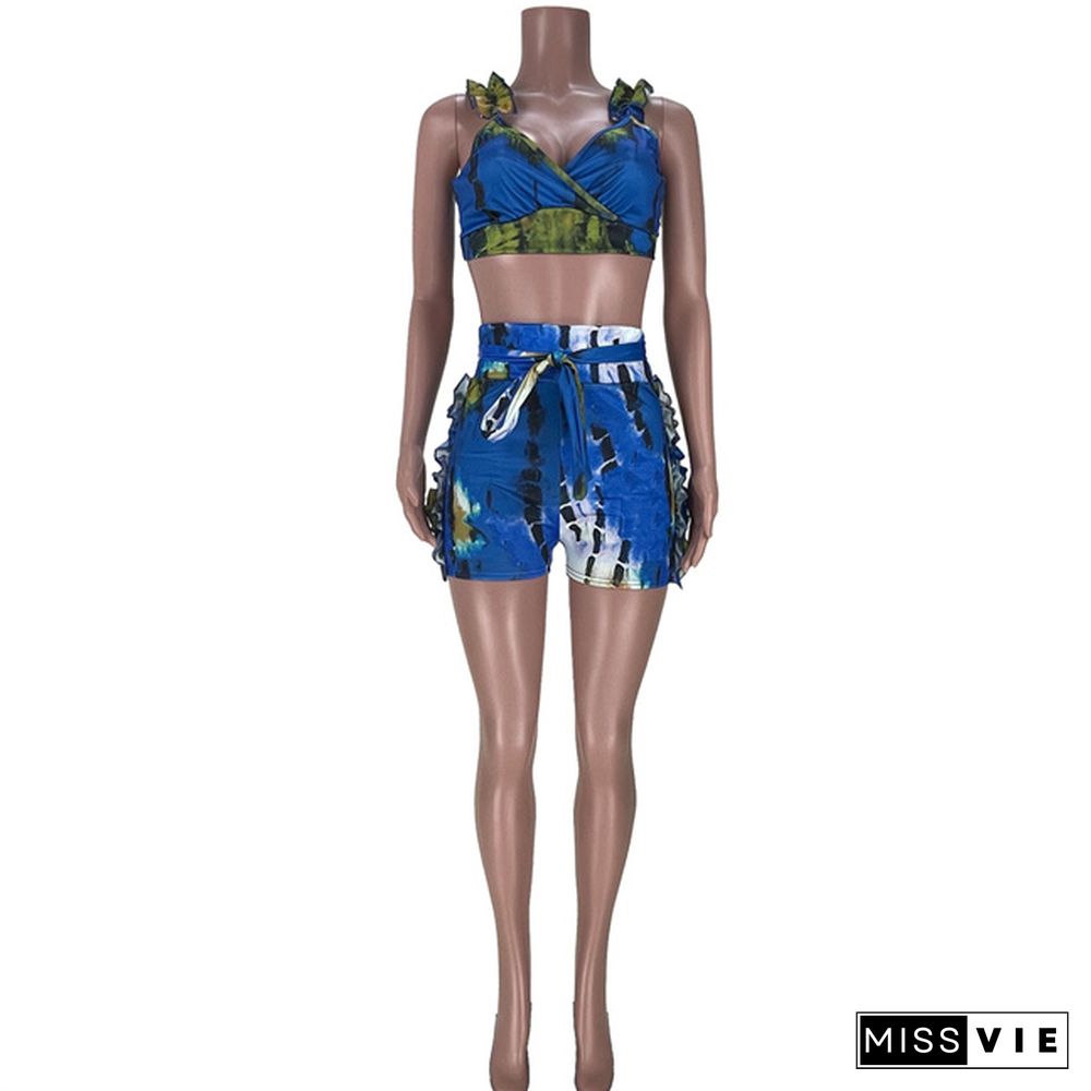 Women Tie-dye Print Sleeveless Crop Top Shorts Two Piece Outfits