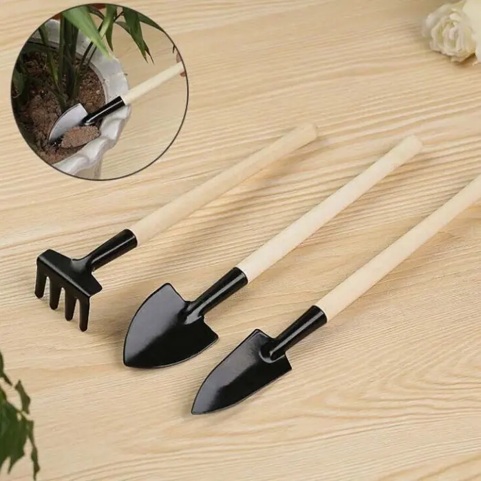 kids gardening tools 3 Piece Set Mini Garden Tool Spatula Rake Seedling Machine for Outdoor Potted Flowers Iron Wood Black