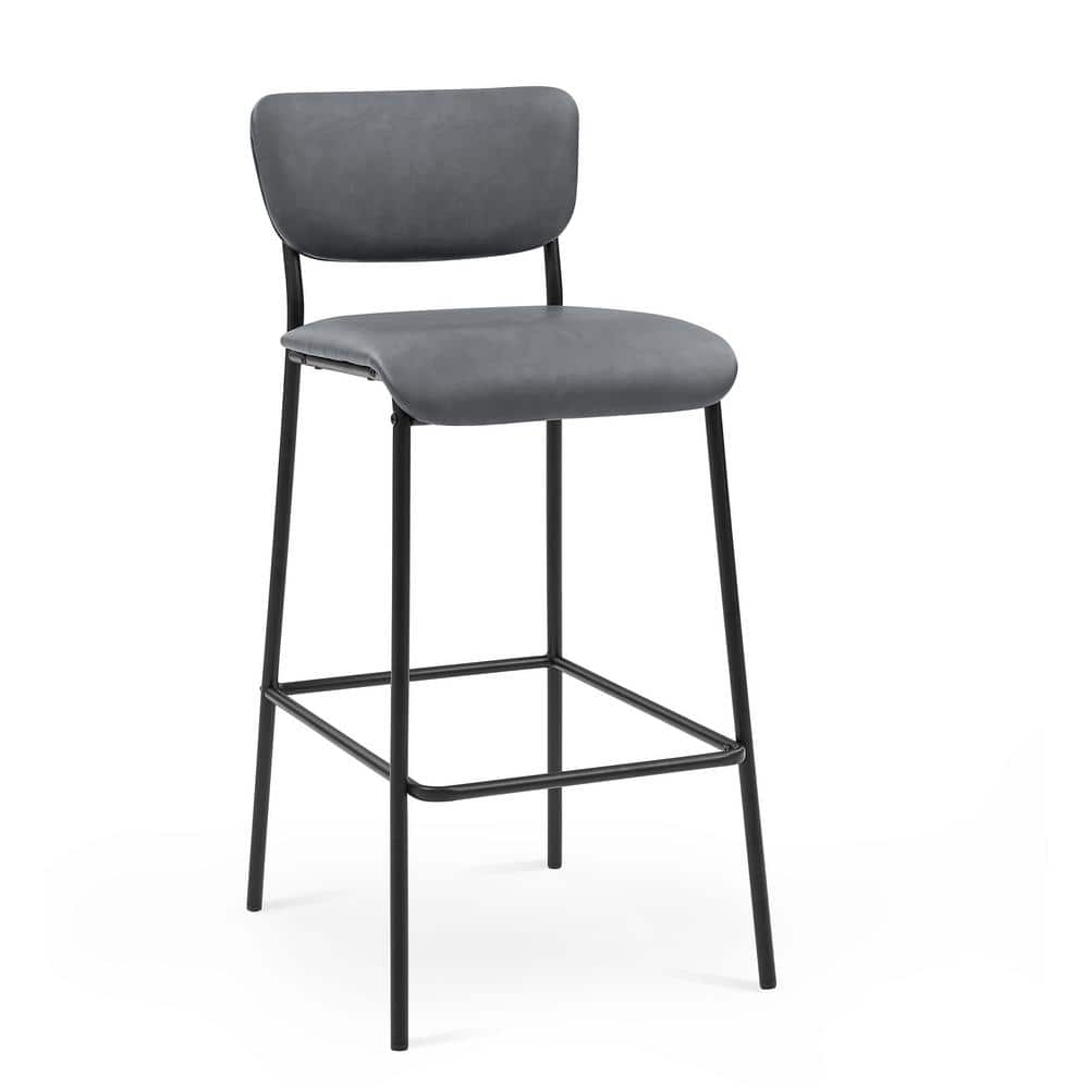 38.5 in. Gray Low Back Metal Frame Bar Stools, Dining Chair Pub Stools with Footrest and Faux Leather Seat (Set of 2) HY02015Y