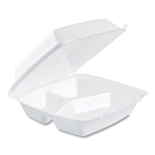 Dart Foam Hinged Lid Containers， 3-Compartment， 8.38 x 7.78 x 3.25， 200/Carton (85HT3R)