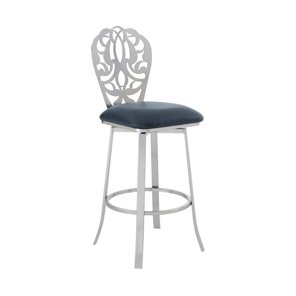 Armen Living Aletris Contemporary 30 in. Bar Height in Brushed Stainless Steel Finish and Grey Faux Leather Bar Stool 721535737635