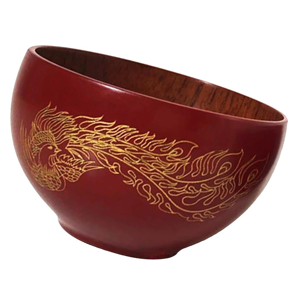 Phoenix Pattern Wood Rice Noodles Hand-crafted Serving Bowl Japanese Style Tableware Food Container red and Phoenix