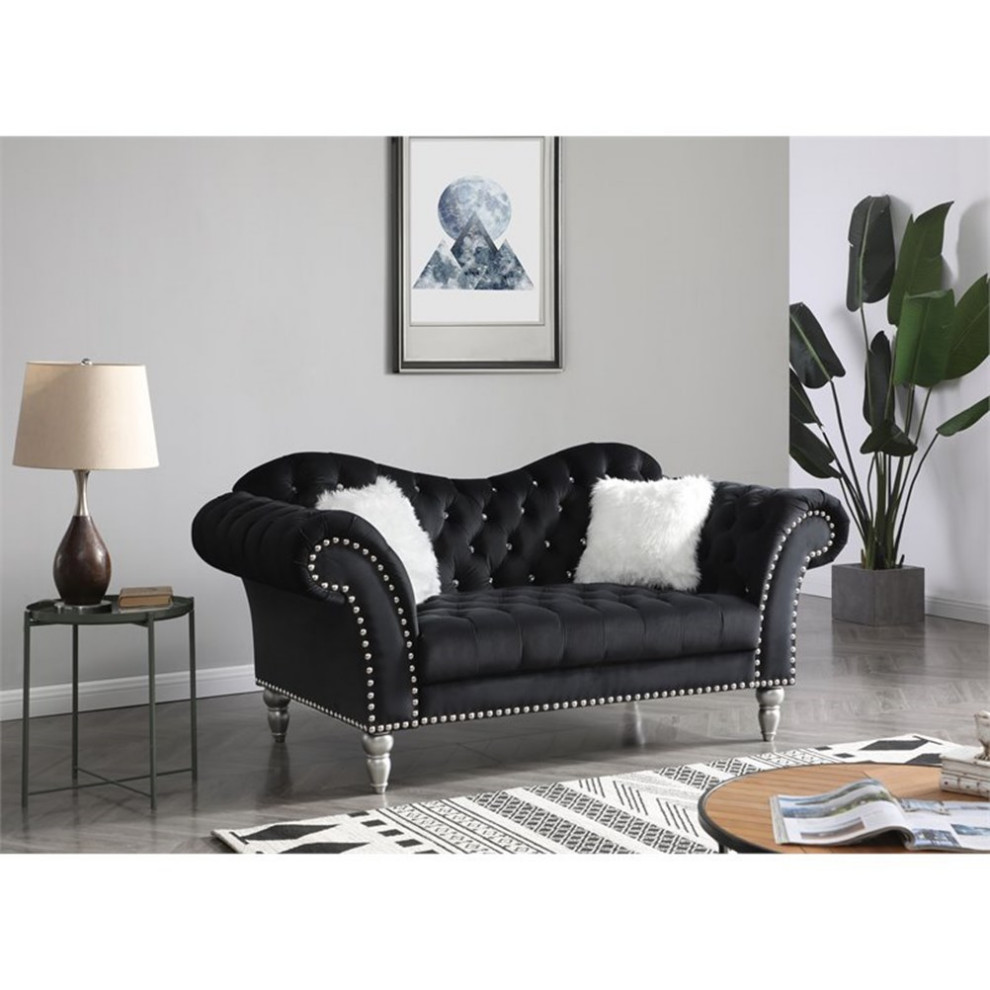 Maklaine Traditional Upholstery Velvet Loveseat in Black Finish   Traditional   Loveseats   by Homesquare  Houzz