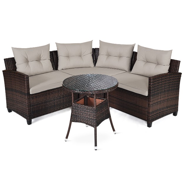 Tangkula 4pcs Outdoor Patio Conversation Set Wicker Rattan Sectional Sofa W cushions