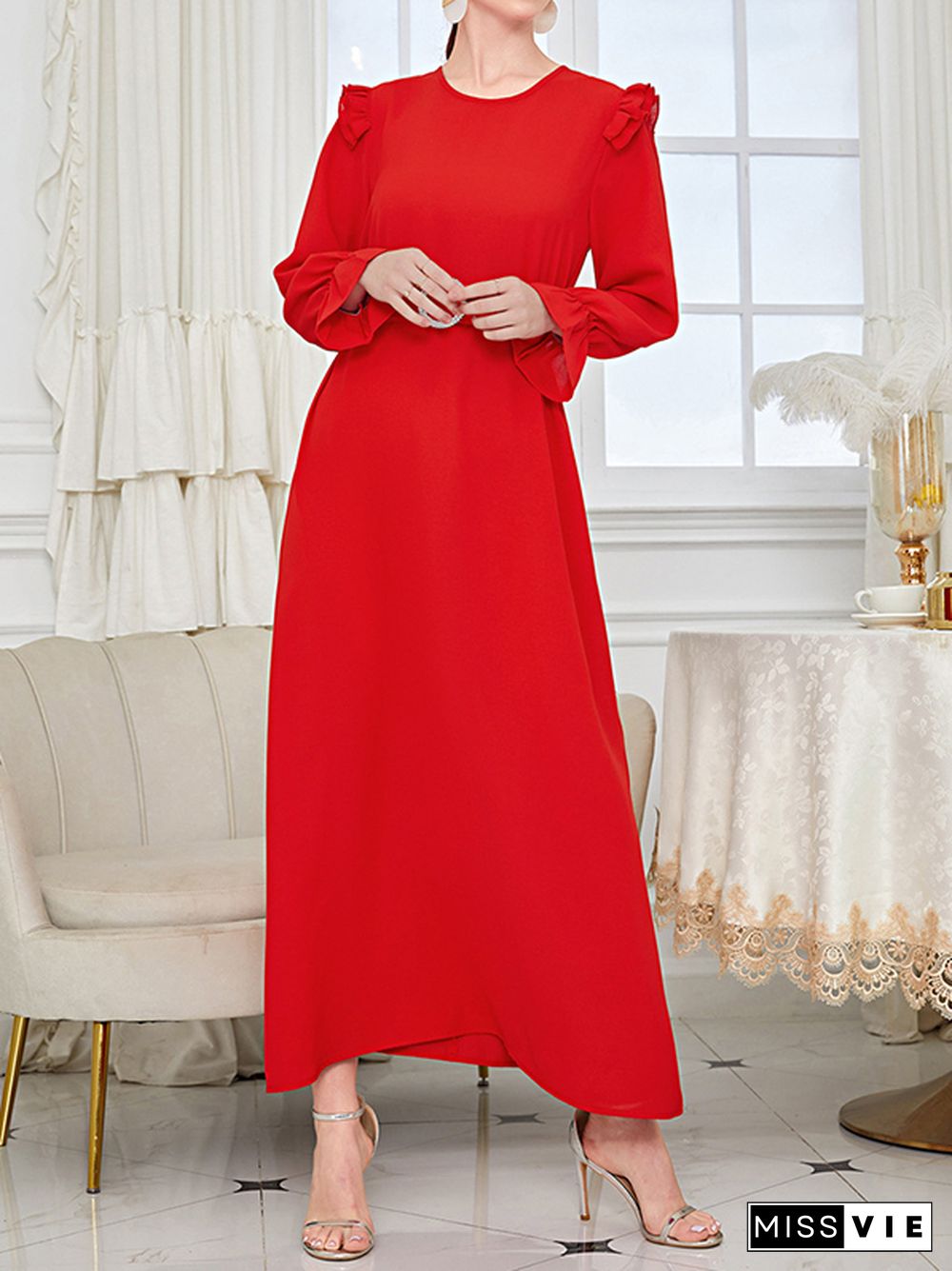 Ruffle Sleeves Belted Solid Color Round-Neck Maxi Dresses