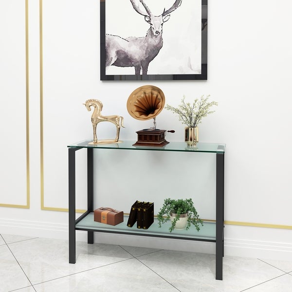 Modern Rectangular Glass Console Table With Two shelves