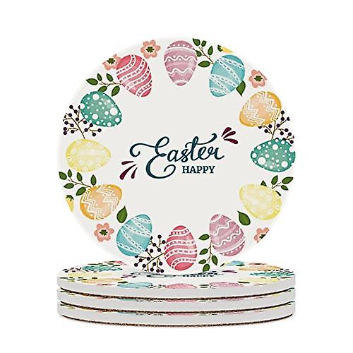 Round Drink Coasters 6 Pcs Happy Easter Eggs Wreath Absorbent Ceramic Coaster With Cork Base For Coffee Cups Housewarming Gift For Home Decor