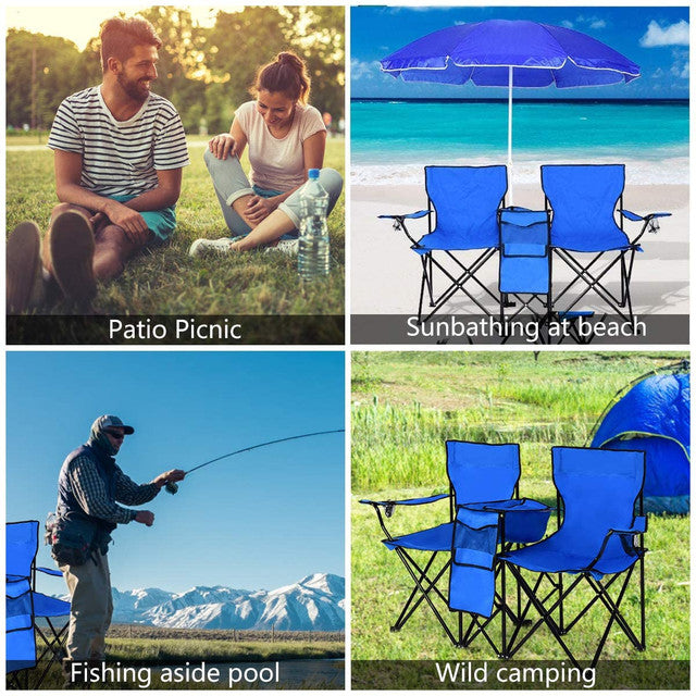 Double Folding Picnic Chairs w/Umbrella Mini Table Beverage Holder Carrying Bag for Beach Patio Pool Park Outdoor Portable Camping Chair (Blue w/Umbrella)