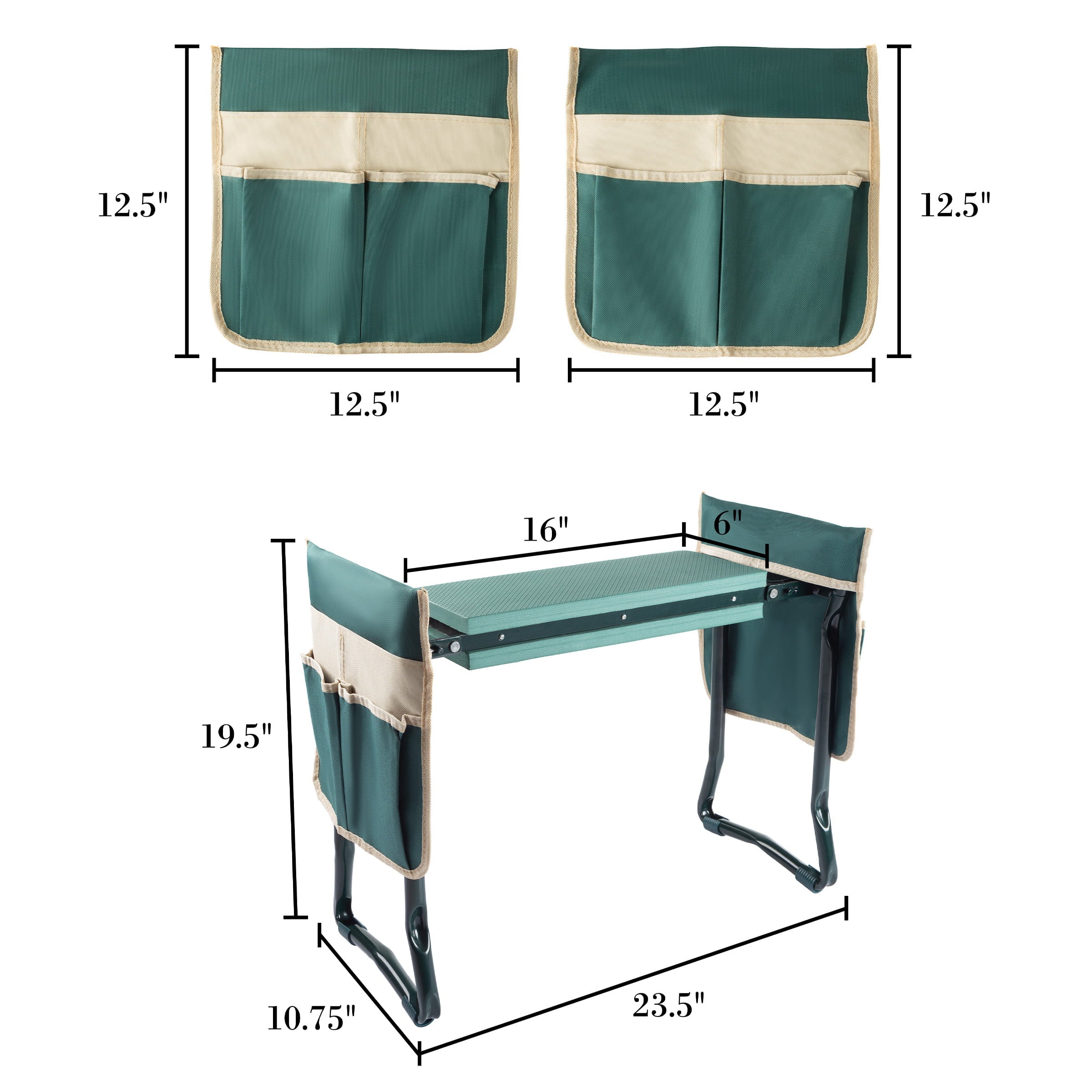 Pure Garden Kneeler Bench - Foldable Stool with 2 Tool Pouches (Green)