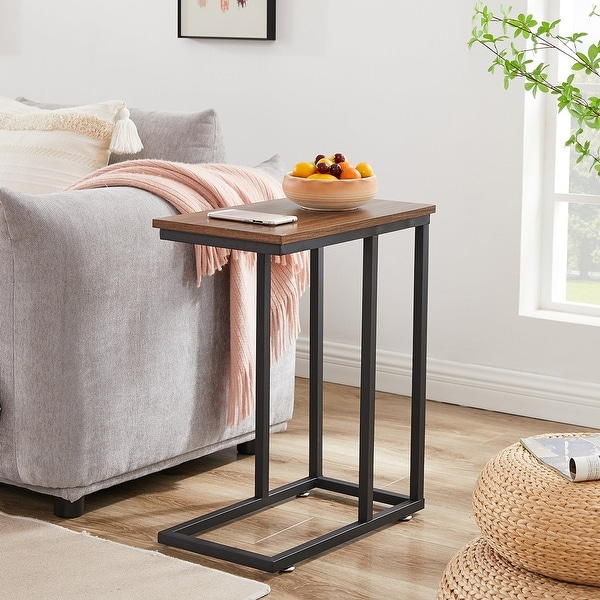 Modern Snack Table C-shaped Side End Table Set of 2，Brown/Black/Grey Sofa Table