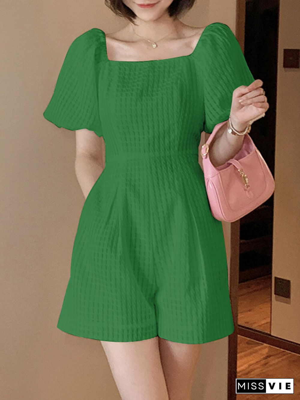 Solid Textured Pocket Puff Sleeve Square Collar Romper