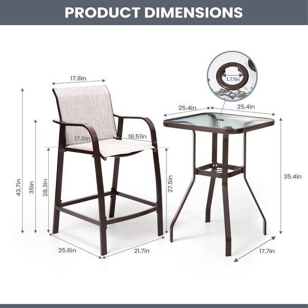 Pellebant 3 Piece Outdoor Patio Aluminum Bistro Set Bar Table with Umbrella Hole