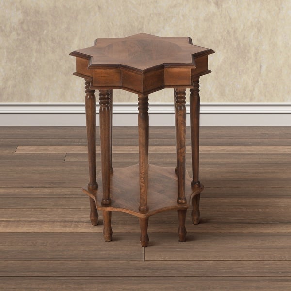 22 Inch French Design Handcrafted Mango Wood Side Table with Star Shape， Brown