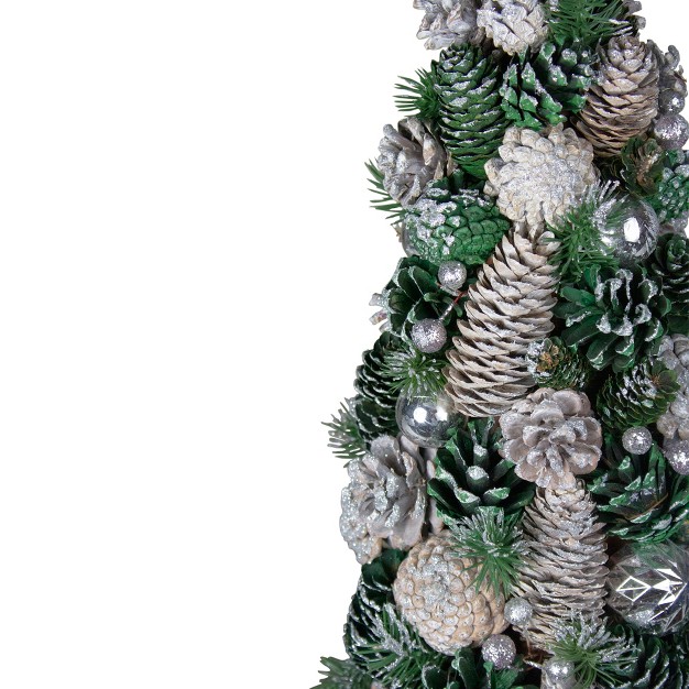 Green And Silver Pinecone With Ornaments Table Top Cone Christmas Tree Embellished In Glitter