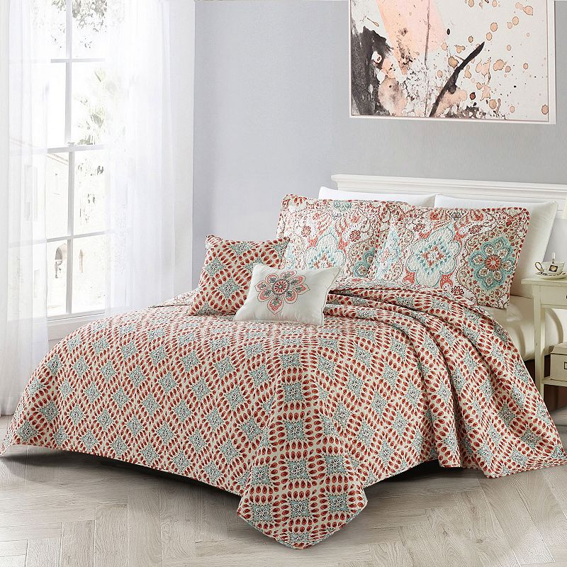 Serenta 5-piece Bennington Damask Printed Quilt Set with Coordinating Throw Pillows