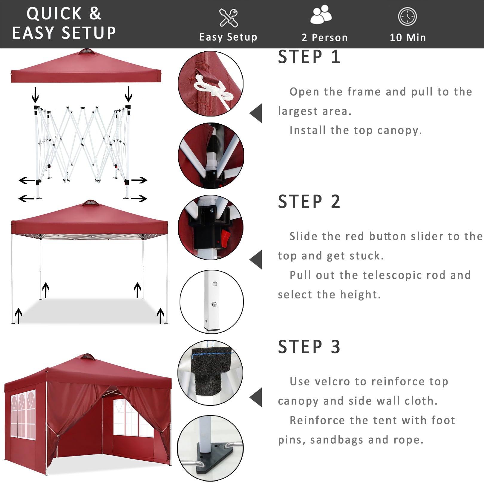 10' x 10' Straight Leg Pop-up Canopy Tent Easy One Person Setup Instant Outdoor Canopy Folding Shelter with 4 Removable Sidewalls, Air Vent on The Top, 4 Sandbags, Carrying Bag, Red