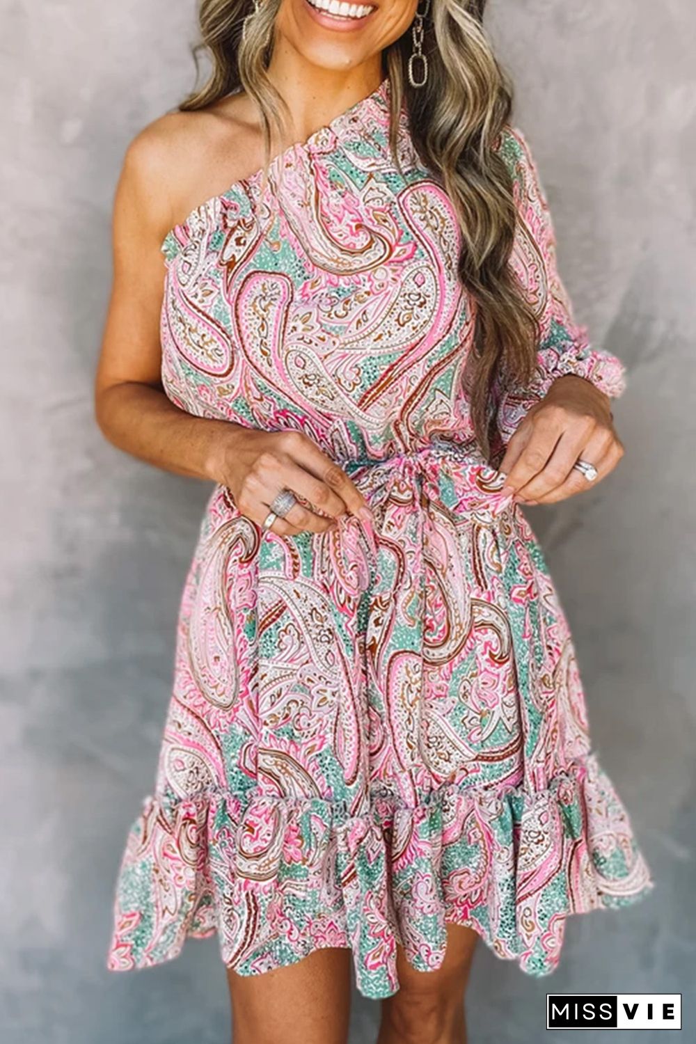 Pink Paisley Print One Shoulder Lace-up High Waist Mini Dress