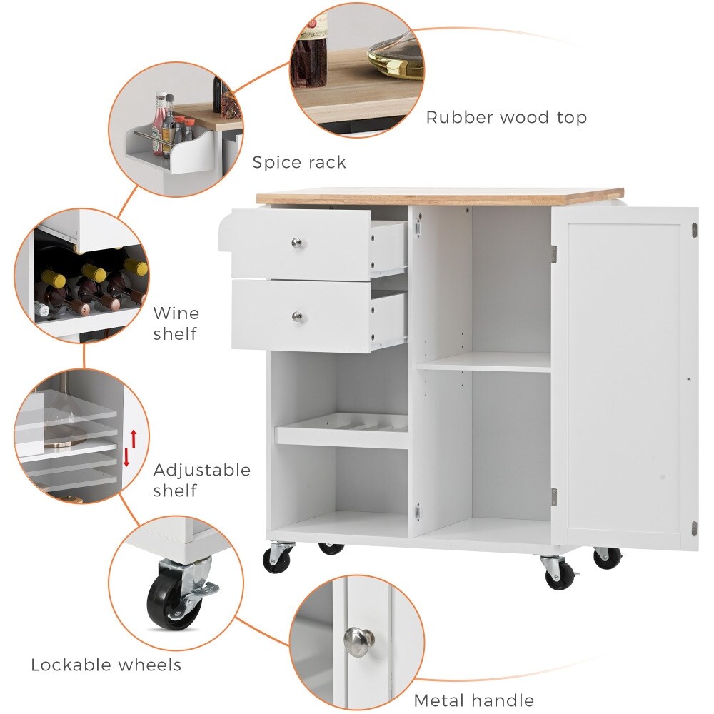 Kitchen Island on 4 Wheels with Adjustable shelves 2 Drawers