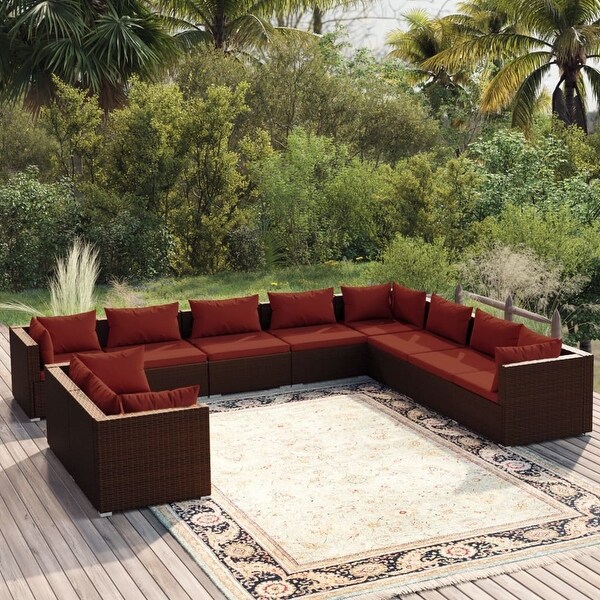 10 Piece Patio Lounge Set with Cushions Brown Poly Rattan - Overstock - 36365398