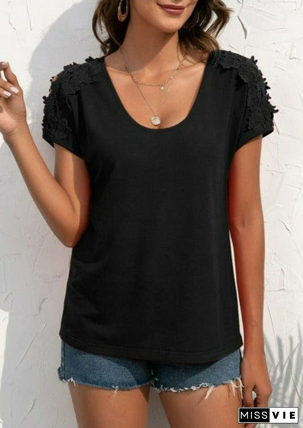 Shoulder Cutout Lace Sleeve Shirt