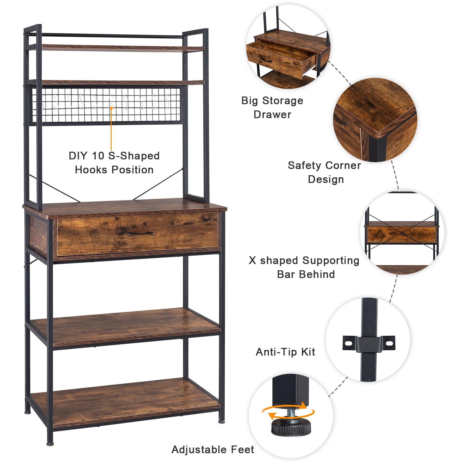 Zimtown 5 Tiers Bakers Rack Industrial Kitchen Island with Storage Drawer， Microwave Oven Cart Coffee Bar Stand W/ Shelf and 10 S-Hooks， Rustic Brown Finish