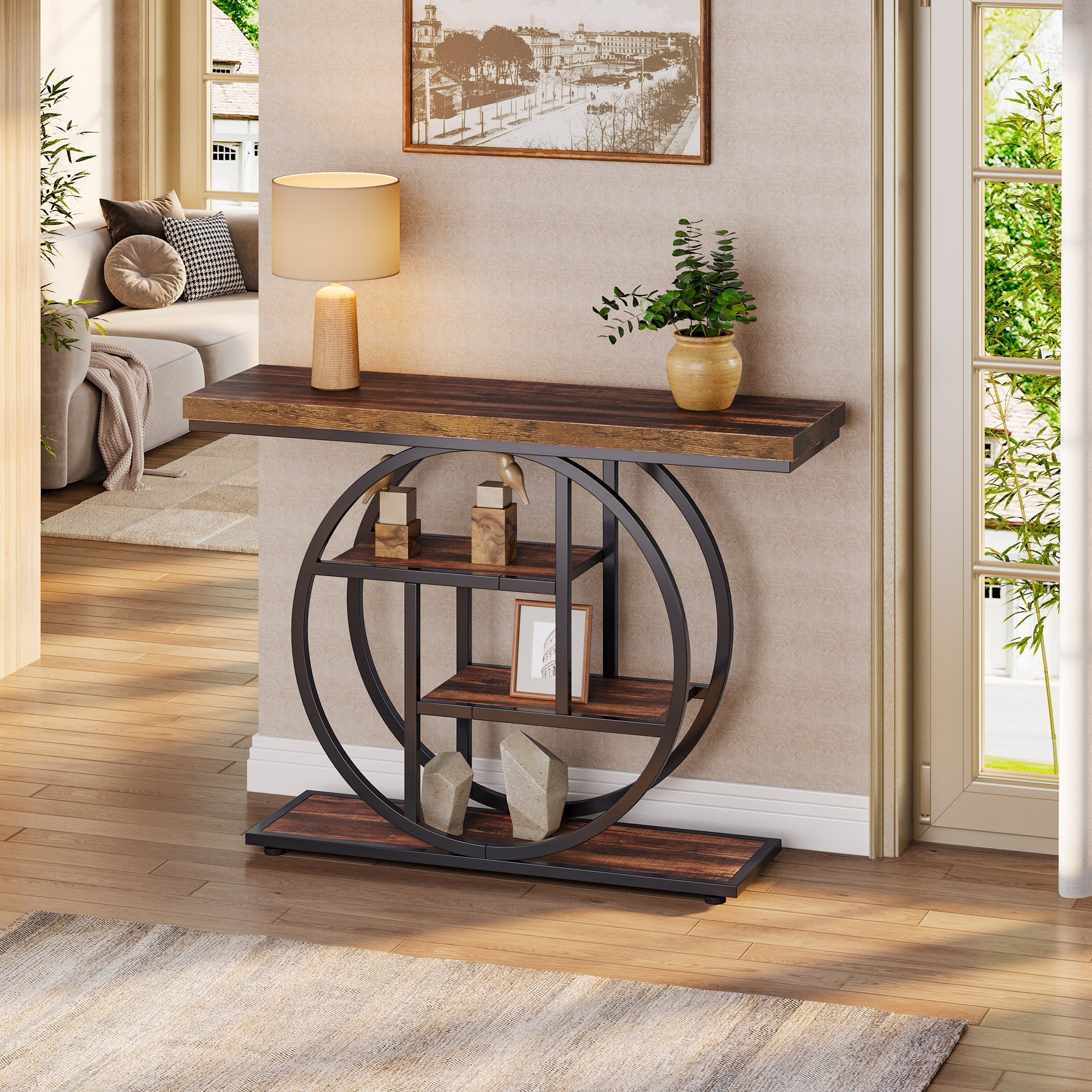 41.3 Console Table, Industrial 4-Tier Sofa Entryway Table with Circle Base