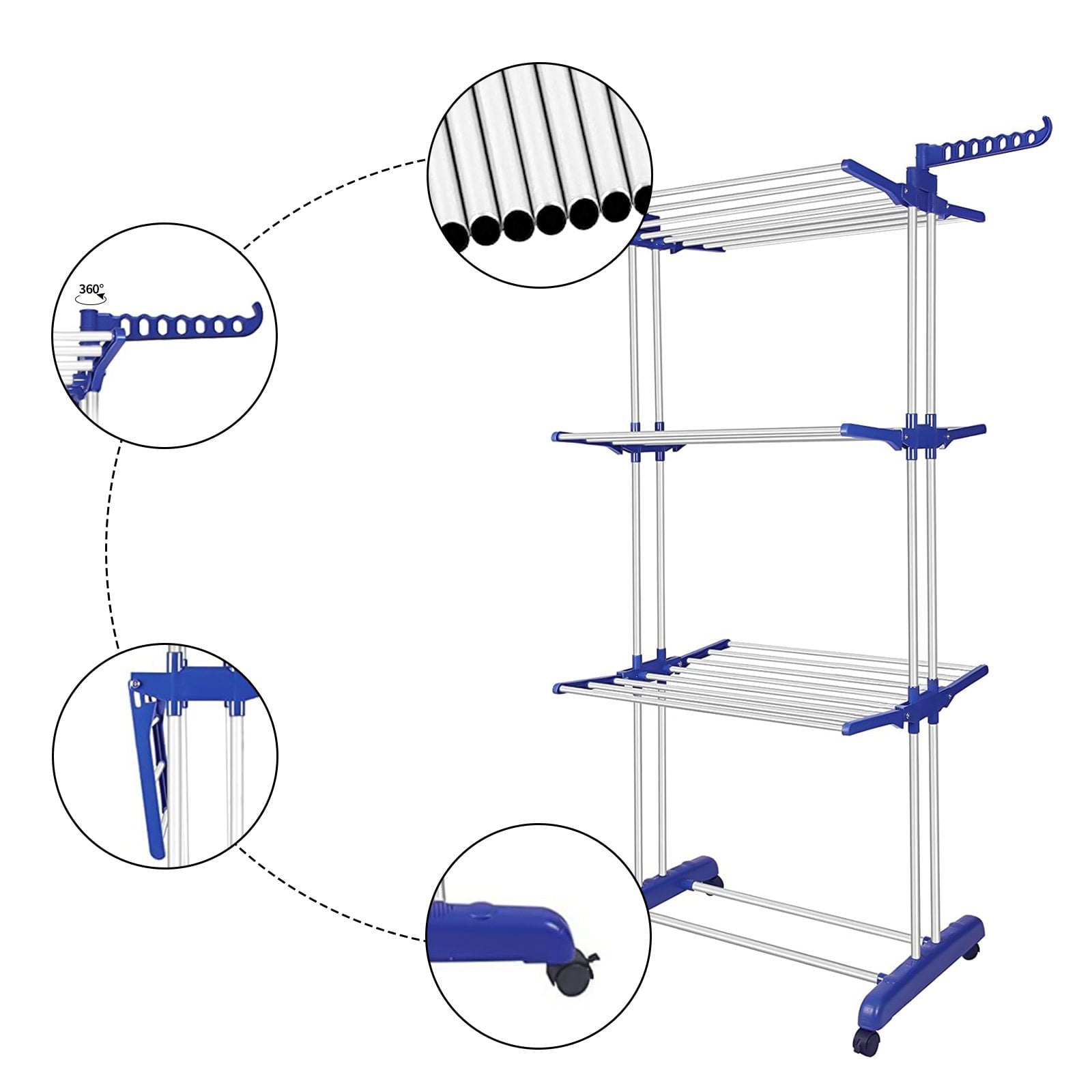 BIGLUFU Clothes Drying Rack，Large 4-Tier Foldable Drying Rack Clothing(70.8H x 19.7W x 30L Inches), Movable Drying Rack with 4 castors. Multifunctional Stainless Steel Laundry Drying Rack, Blue