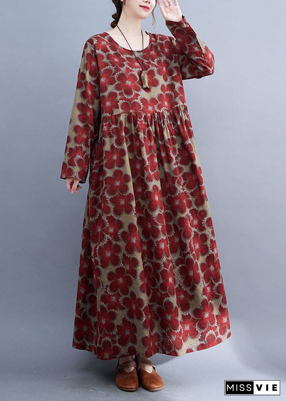 Red Print Linen Ankle Dress Oversized Exra Large Hem Spring