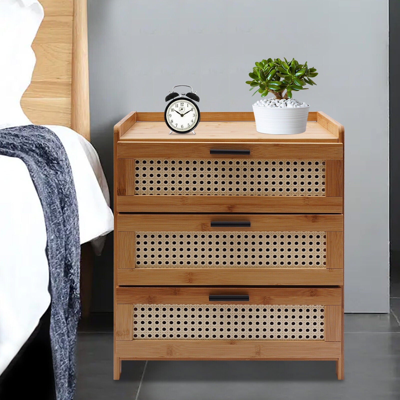 OUKANING 3 Drawers Modern Bedroom Bedside Nightstand End Table Storage Bamboo Wood Organizer Storage Shelf Stand