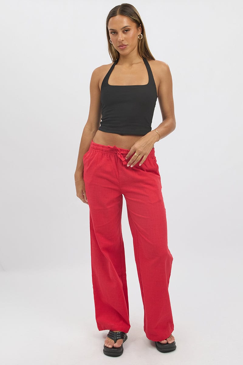 Red Wide Leg Pants Elasticated