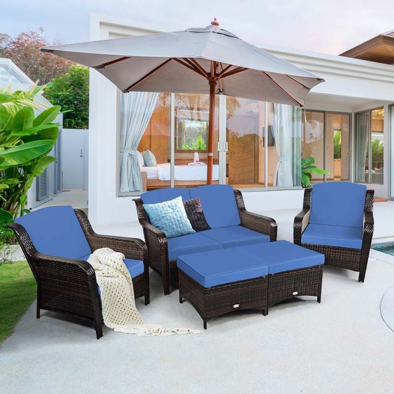 5 Pcs Rattan Wicker Patio Furniture Set with Loveseat, Single Sofas & Ottomans, Outdoor Conversation Sets